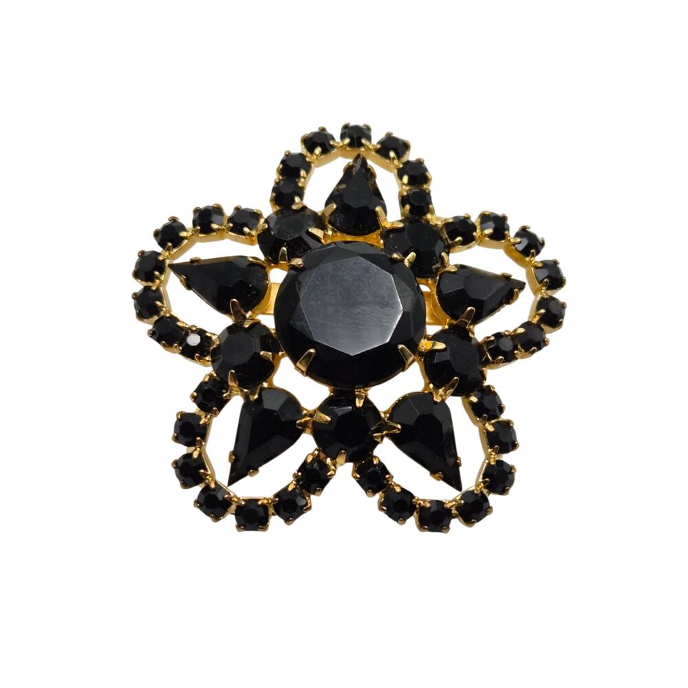 Vintage Black Rhinestone Brooch Gold Tone Gothic Mourning Revival Pin